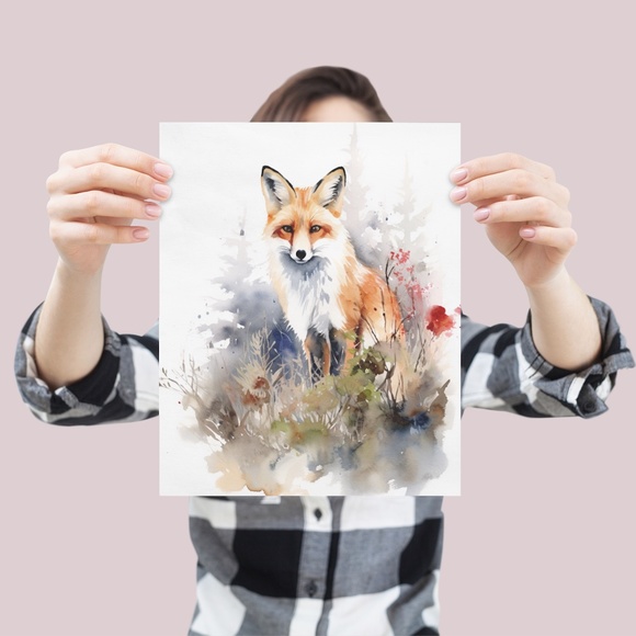 Watercolor Floral Red Fox Portrait Wall Art Illustration Print Poster Unframed - Picture 5 of 7
